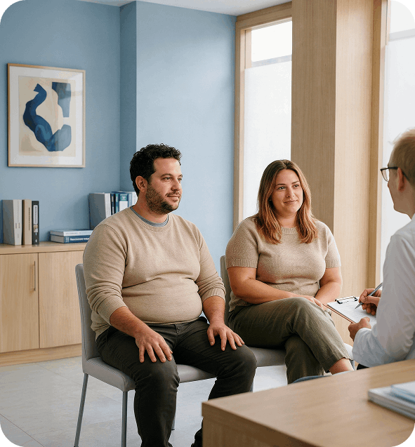 התייעצות עם רופא על טיפול בהשמנה, מה ה bmi שלי: זוג מתייעץ עם רופא